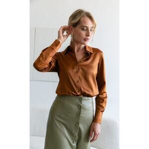 Ravella Womens Designer Brown Satin 100% Silk Blouse Top Small US 6345